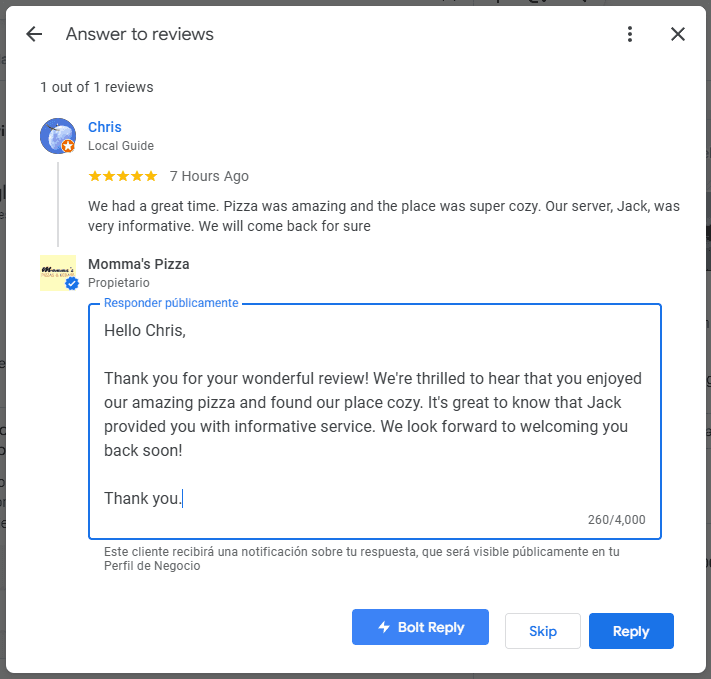 Google Maps Step 2: Click Bolt Reply